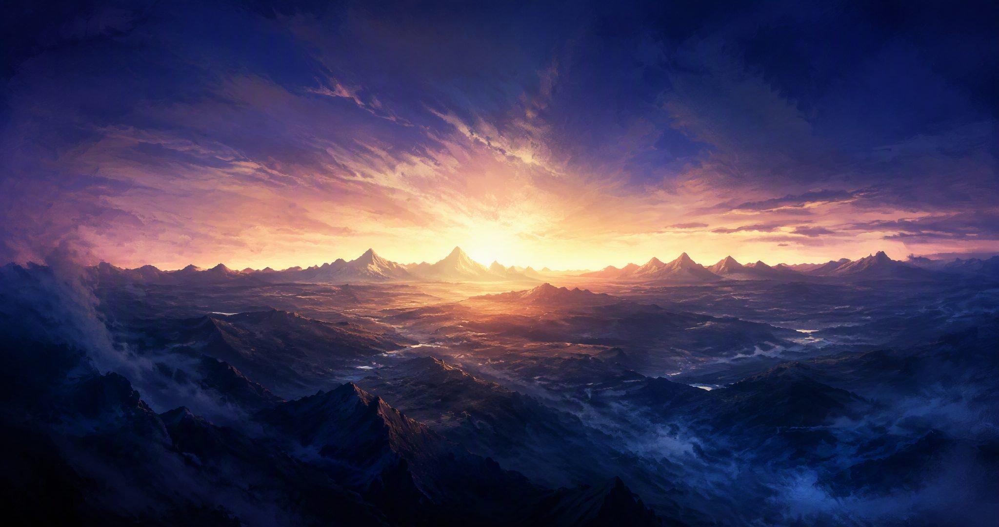 Dawn breaking over a vast mountain horizon