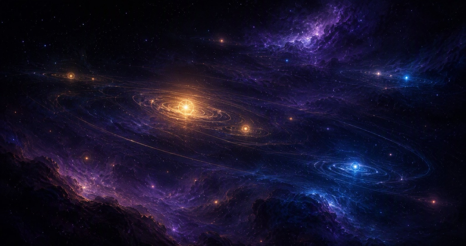 A vast deep-space vista of multiple star systems with glowing orbital paths